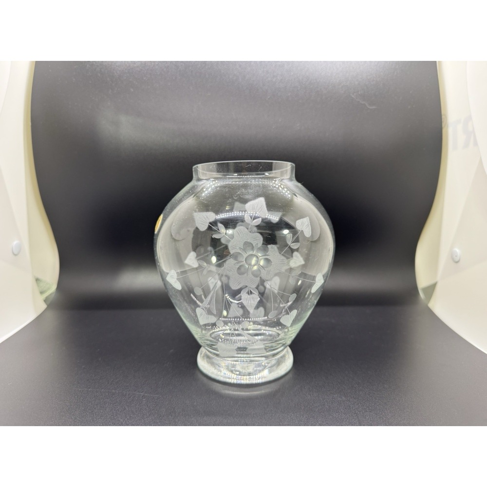 Vintage Romanian‎ Etched Glass Vase Clear